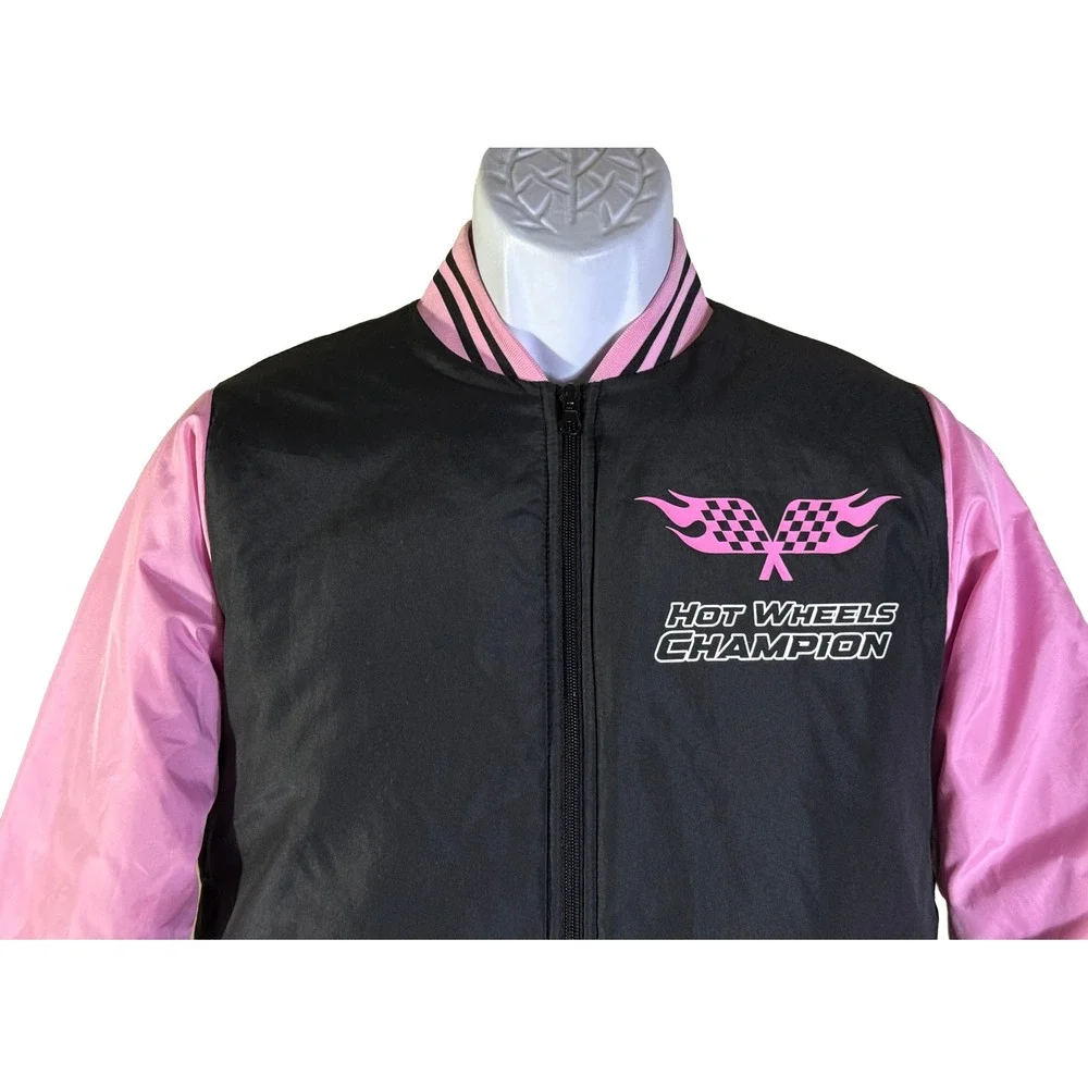 Hot Wheels Varsity Bomber Jacket Kids Size 14‎ L Black Pink Racing Team Graphic